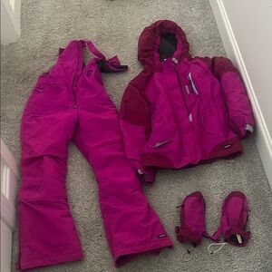Lands' End Kids Magenta and Burgundy Puffer Jacket and Snow Pants Set